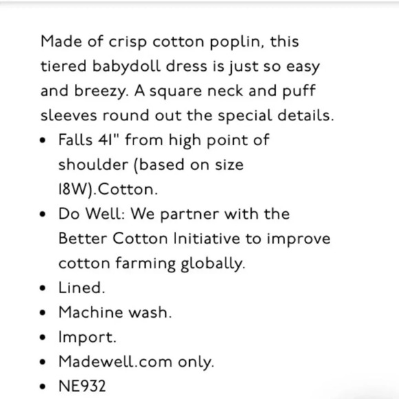 Madewell Poplin Lizzie babydoll dress ivory 20W New with Tags - Picture 10 of 10